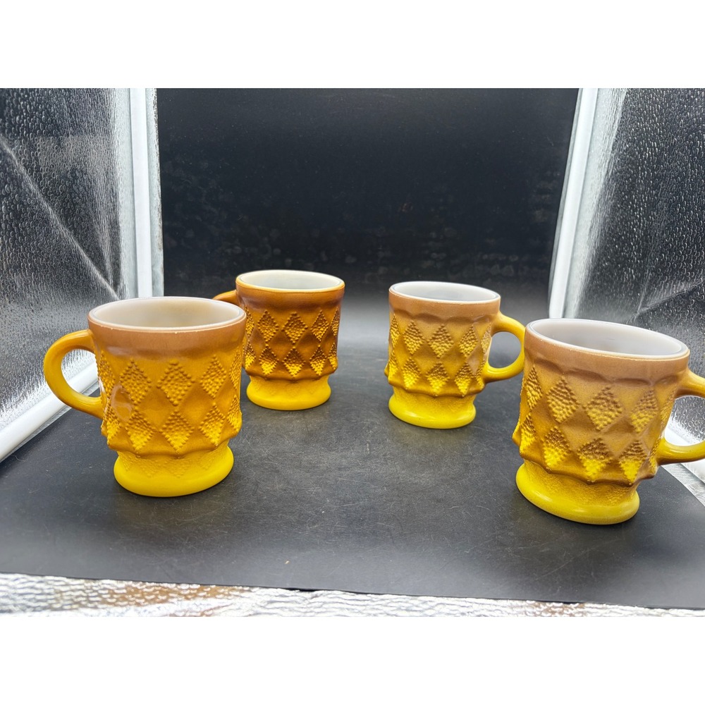 Anchor Hocking Fire-King Kimberley Mugs Yellow Brown Ombre Milk Glass Set of 4